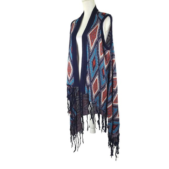 Umgee Open Front Cardigan Aztec Print Sweater Vest Womens Size M Fringe Boho NEW - Picture 7 of 12